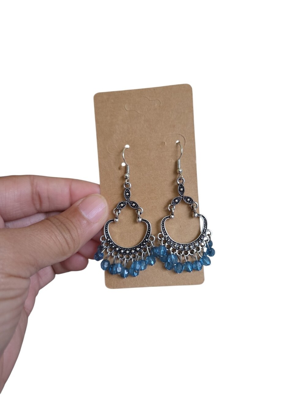 Boho Silver Toned Hoop Earrings with Blue Beads 2.5" New